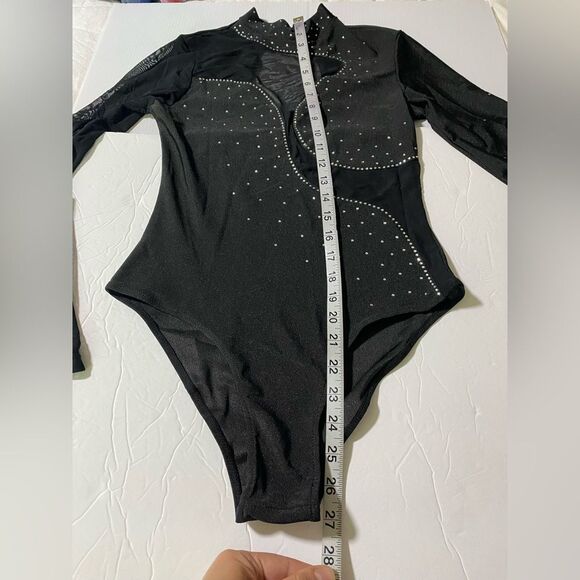 Iefiel Dance costume bodysuit leotard black mesh long sleeve rhinestone adult S - Picture 9 of 10